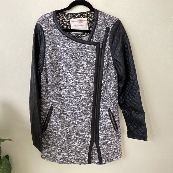 Cartonnier Anthropologie Tweed Faux Vegan Leather Asymmetrical Zip Jacket Coat L - Picture 1 of 14